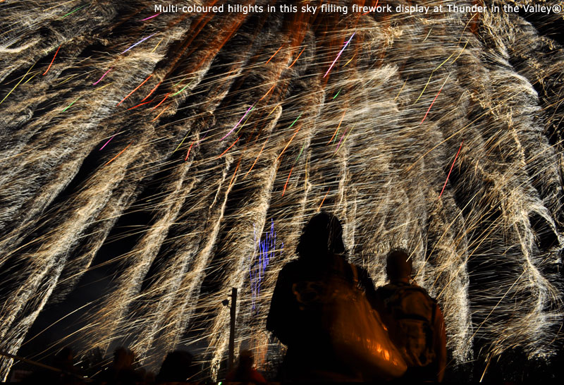 Multi-coloured hilights in this sky filling firework display at Thunder in the Valley