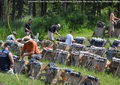 Volunteers from the local fire departments complete the wiring for the fireworks display