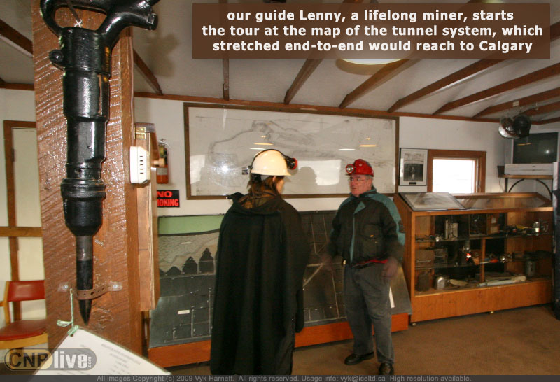 Our guide Lenny, a life-long miner, starts our tour at the tunnel system map, which stretched end-to-end would reach to Calgary
