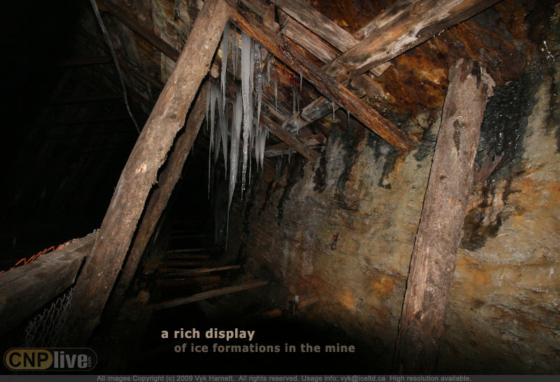 a rich display of ice formations in the Bellevue Underground Mine