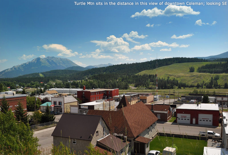 Turtle Mtn sits in the distance in the view of downtown Coleman; looking SE