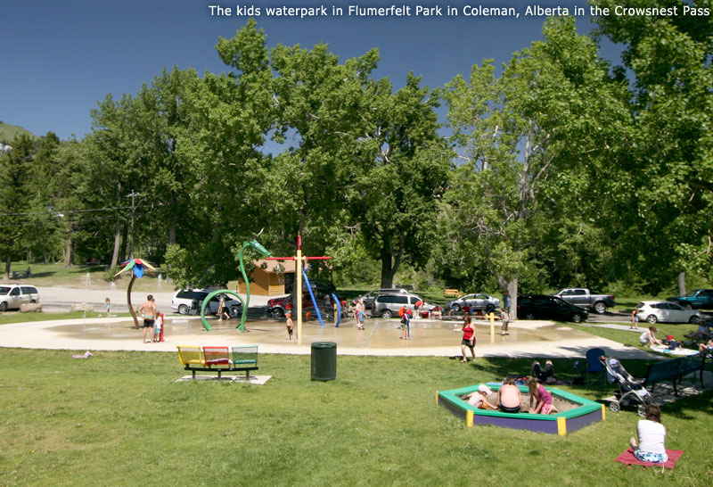 The kids waterpark in Flumerfelt Park in Coleman, Alberta in the Crowsnest Pass