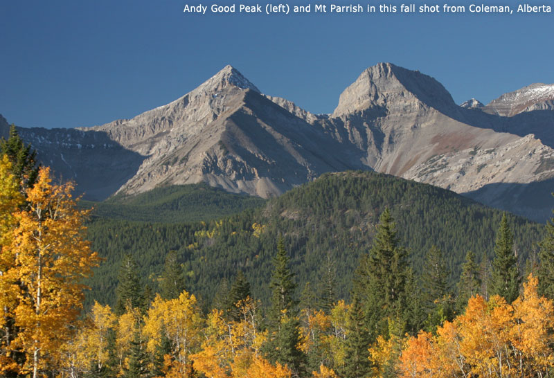 Andy Good Peak (left) and Mt Parrish in this fall shot from Coleman, Alberta