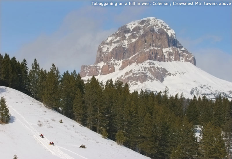 Tobogganing on a hill in west Coleman; Crowsnest Mtn towers above