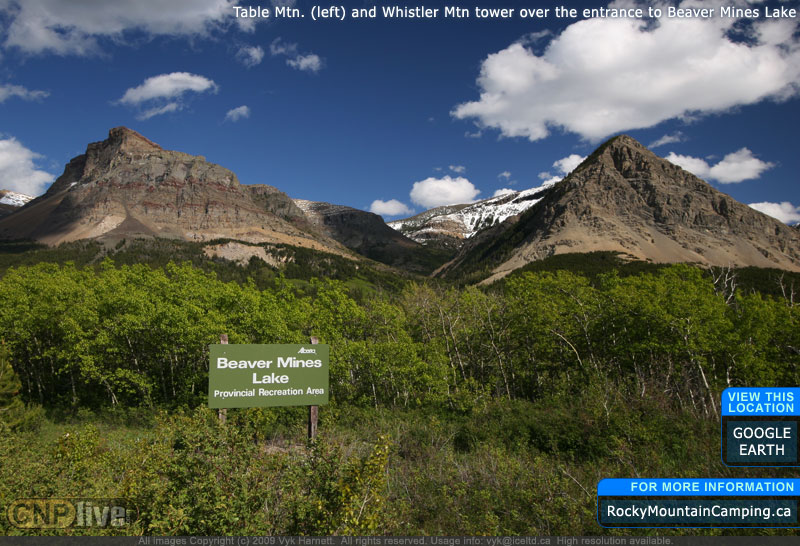 Table Mtn. (left) and Whistler Mtn tower over the entrance to Beaver Mines Lake