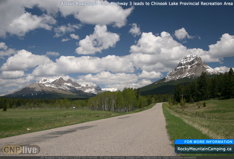 Allison Road north from Highway 3 leads to Chinook Lake Provincial Recreation Area