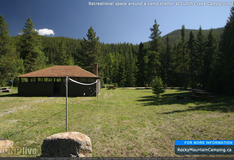 Recreational space around a camp shelter at Dutch Creek Campground