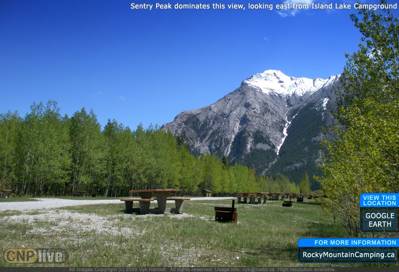 Sentry Peak dominates this view, looking east from Island Lake Campground