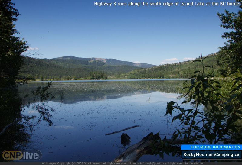 Highway 3 runs along the south edge of Island Lake at the BC border