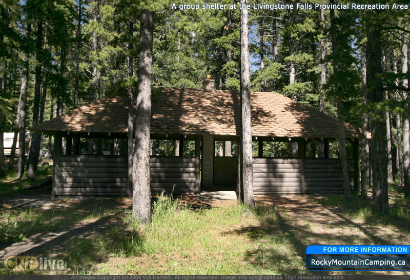 A group shelter at the Livingstone Falls Provincial Recreation Area