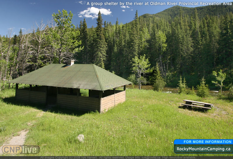 A group shelter by the river at Oldman River Provincial Recreation Area