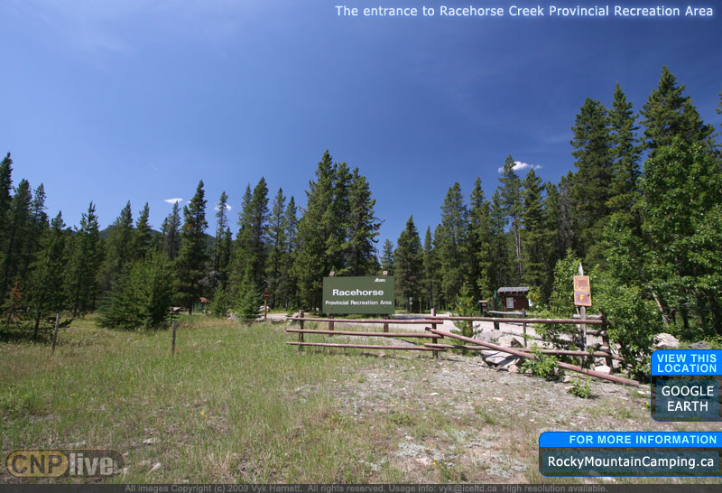 The entrance to Racehorse Creek Provincial Recreation Area