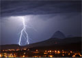 Taken from Blairmore; a split strike hits behind Iron Ridge in Coleman, silhouetting Crowsnest Mtn